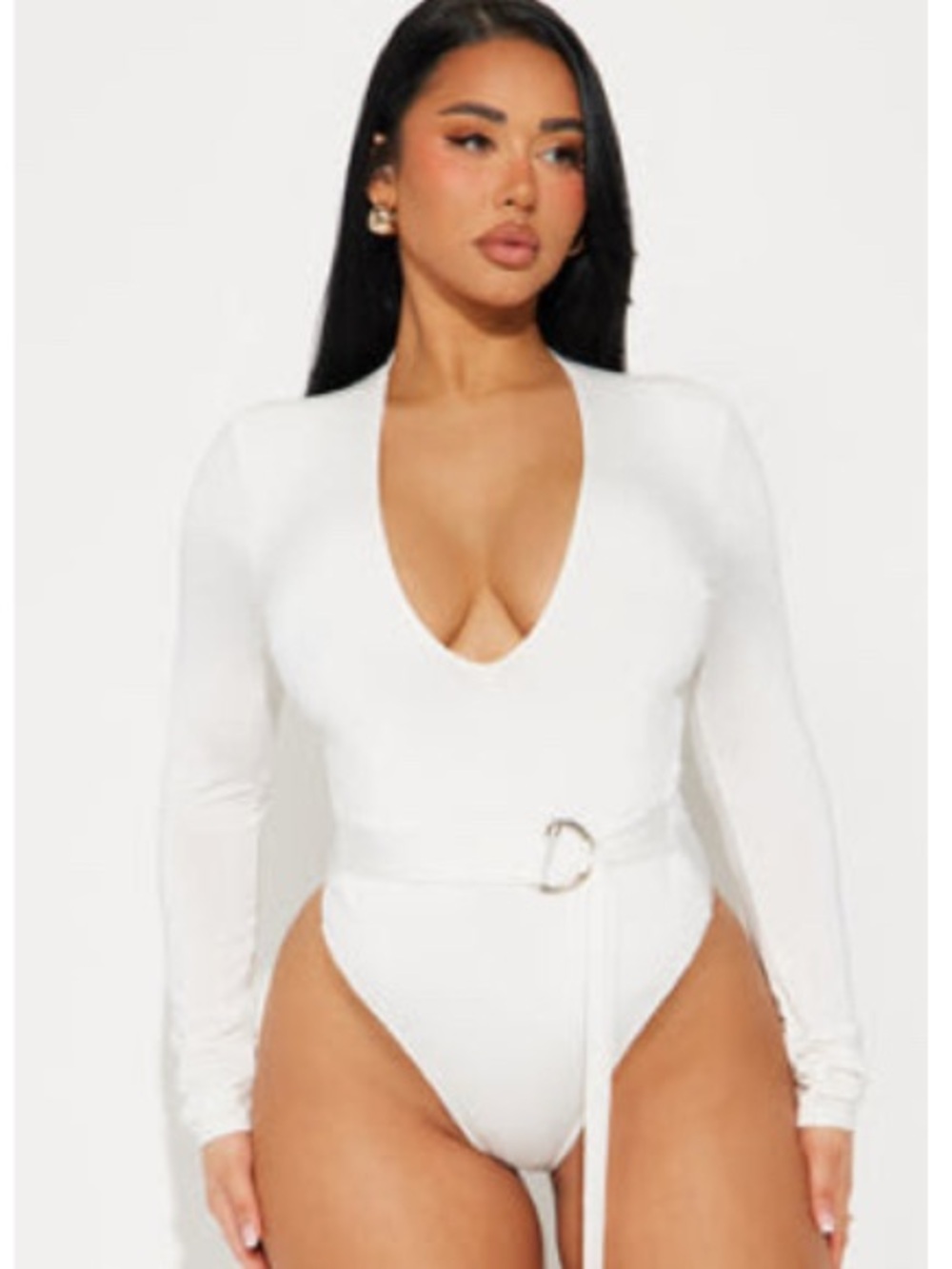 Fashion Nova White Deep V Long Sleeve Belted Bodysuit
